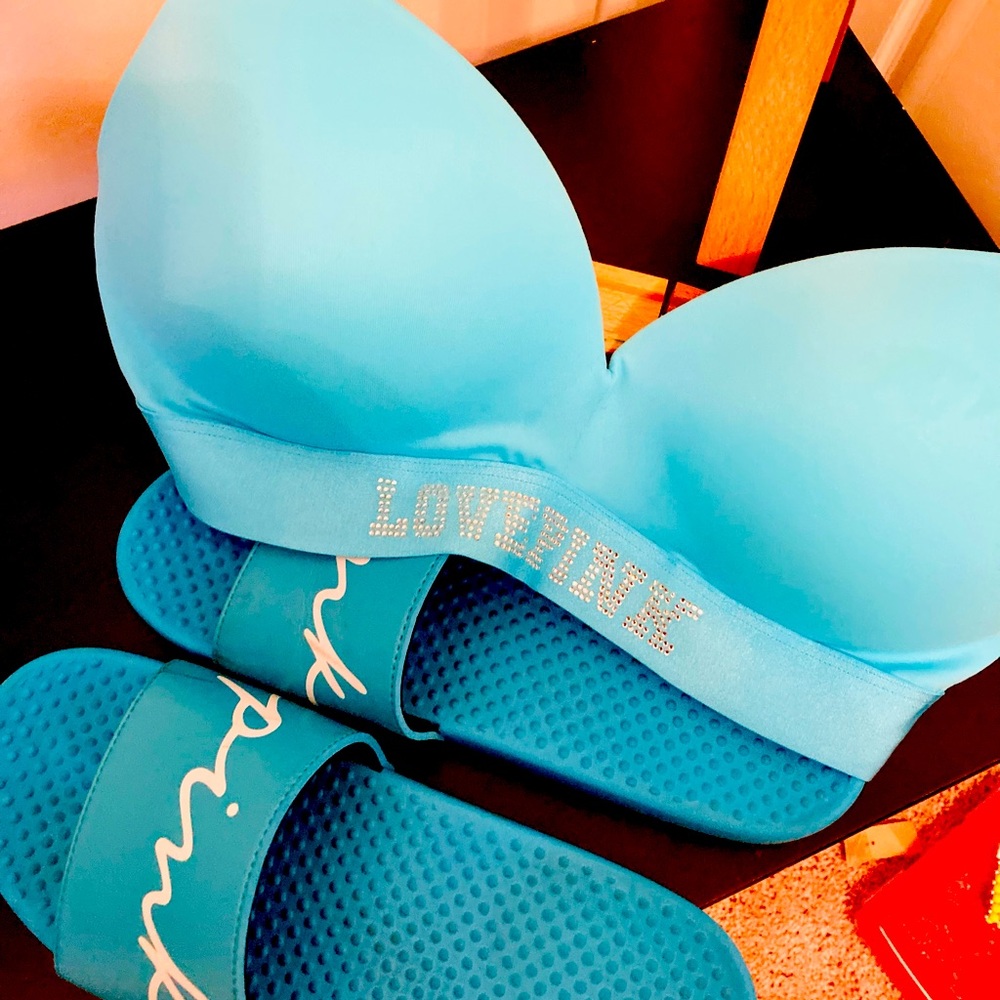 LOTUS BOSS SHINE- NWOT 36D Aqua PINK padded push up bra and matching slides 9